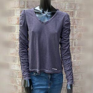 DKNY Ruched Long Sleeve Puffed Shoulders V-Neck Top SzS